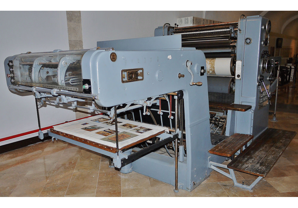 Máquina de imprimir offset de un color pila alta. Oris Olympic. Ca. 1944