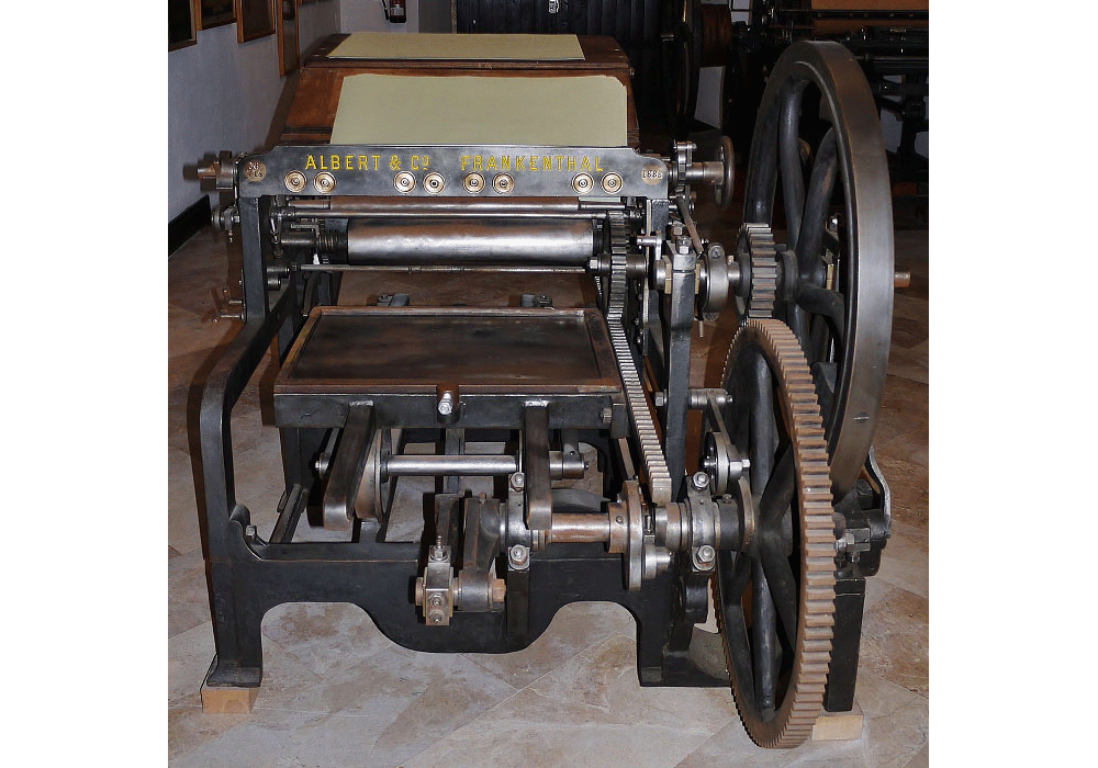 Máquina plana tipográfica manual. De Rockstron & Schneider Nacht. 1888