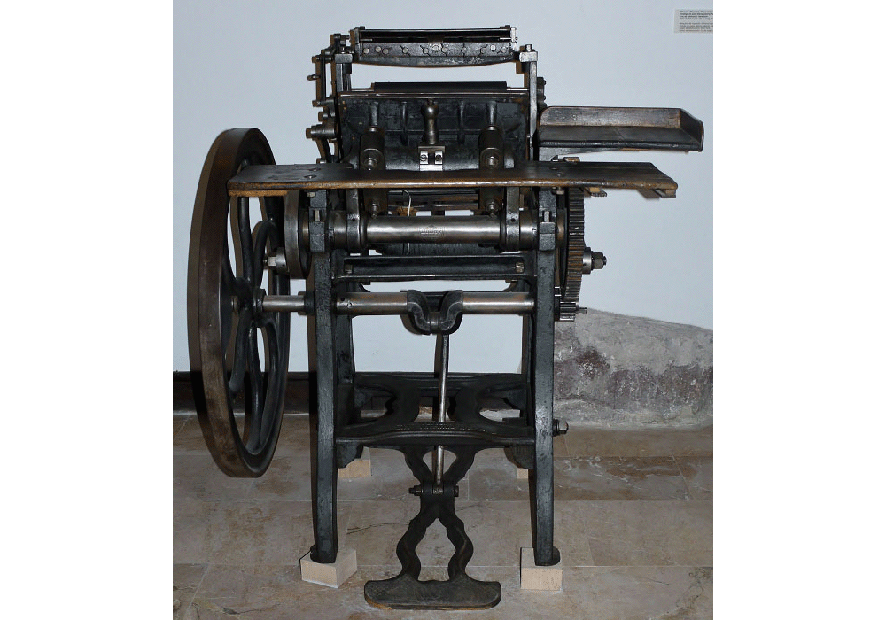 Máquina de imprimir Minerva tipográfica. Tintaje de plato. Marca Liberty. Fabricante Weiler. 1872