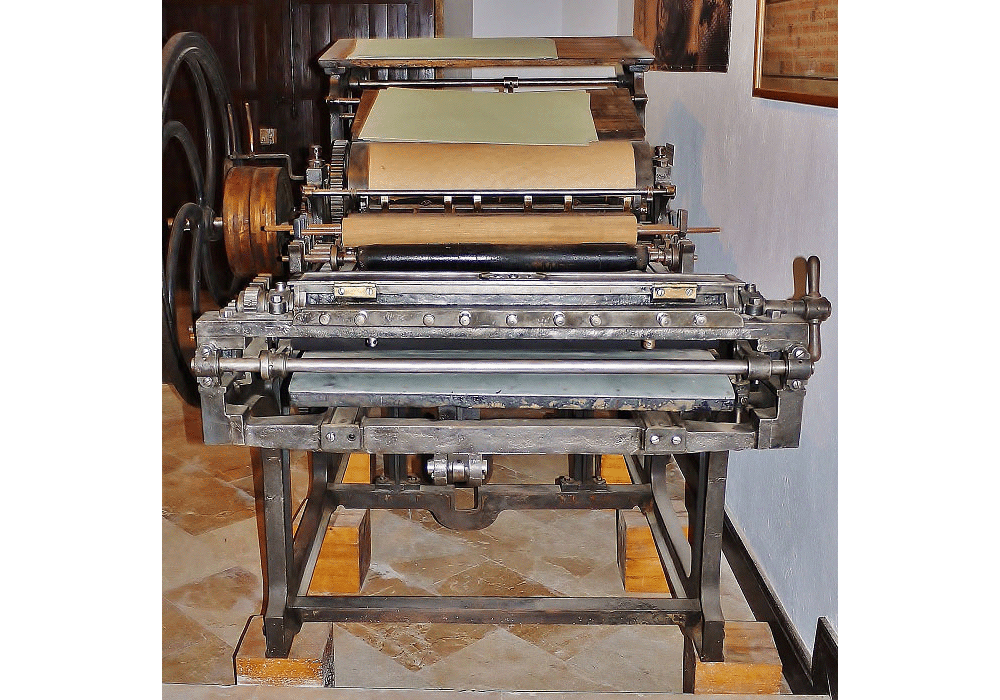 Máquina plana tipográfica manual. Modelo Express. Marca Alauzet Brevete. 1827